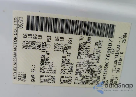 2021 Nissan Rogue Sv z USA, uszkodzony, nr VIN 5N1AT3BB5MC769007